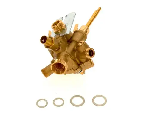 BOSCH Wasserarmatur in metallischer Ausführung mit mehreren Anschlussöffnungen und Dichtungsringen, geeignet für den Einsatz in Wasserleitungen.